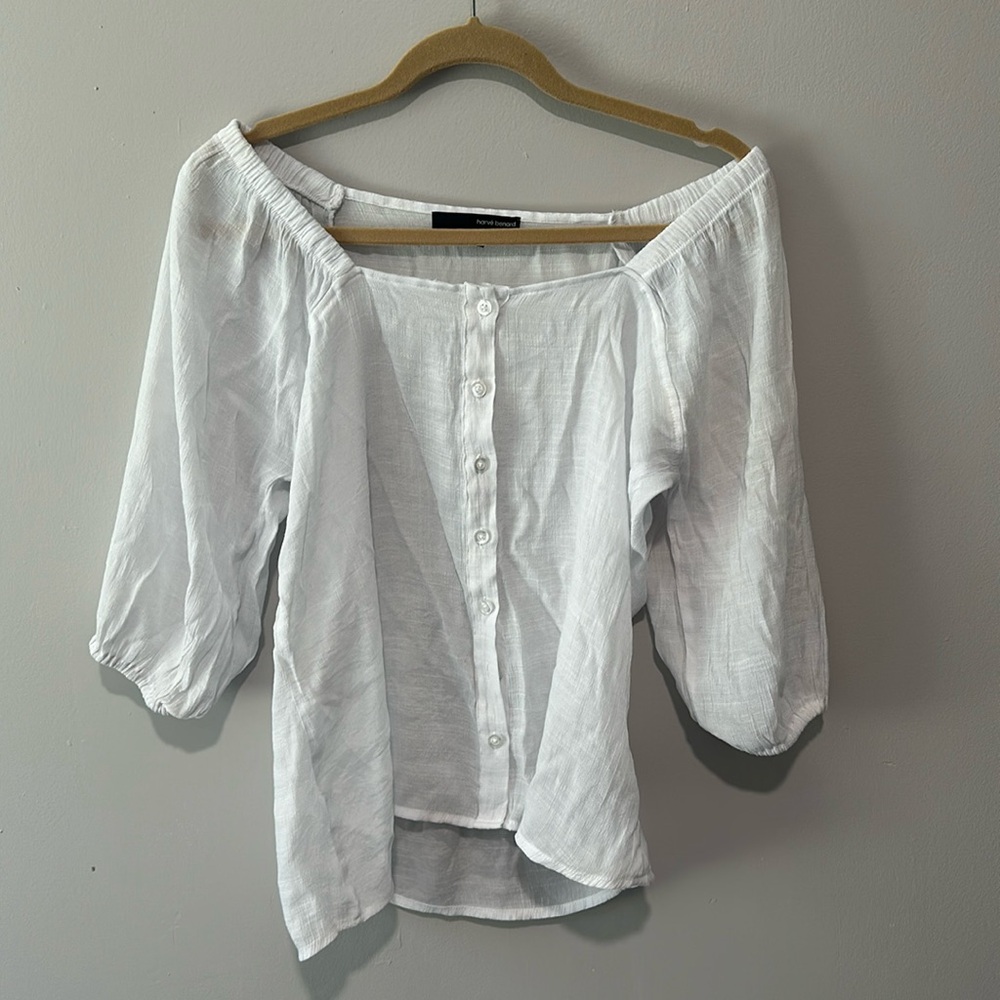 Harve Benard White Off The Shoulder Square Neck Button Down Blouse Sz L